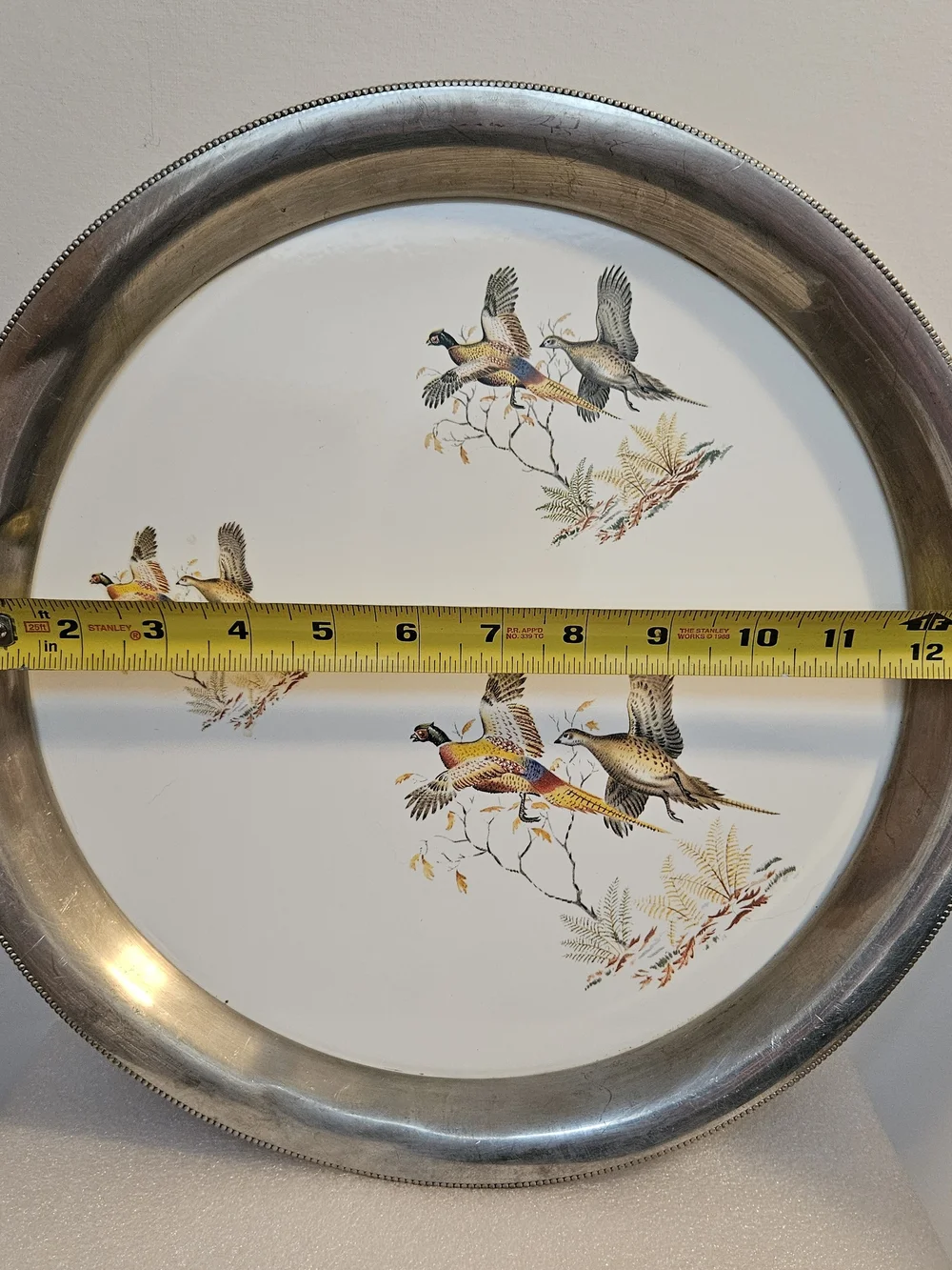 Vintage Revere Pewter & Porcelain Serving Tray ~ Pheasants ~ 13”